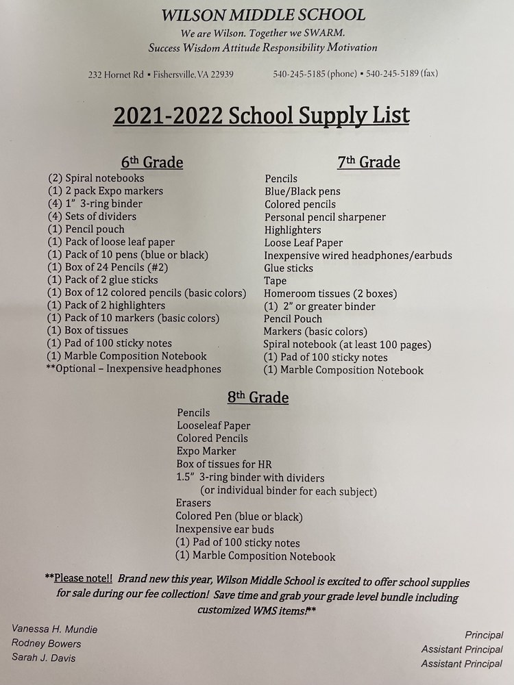 WMS School Supply List 2021-2022