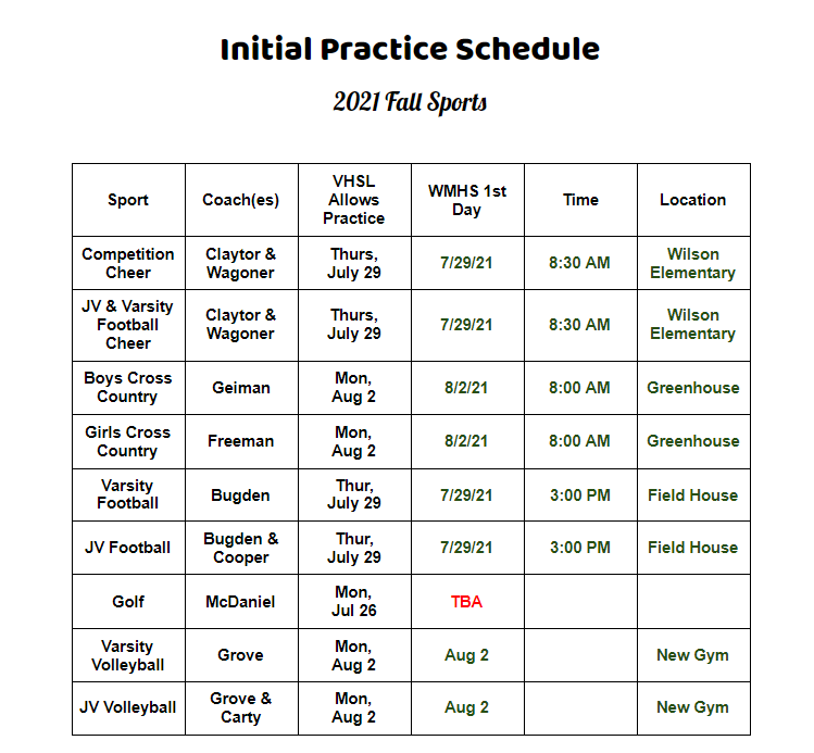 WMHS Practice Schedule