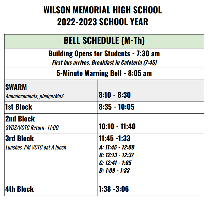 Bell Schedule | Wilson Memorial High School