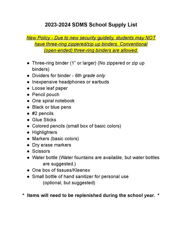 SDMS 20252025 Supply List Stuarts Draft Middle School